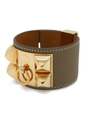 Hermes Collier de Chien Medle Bracelet Bangle Studs Veau Epsom Etoupe Gray Gold